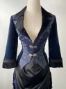 Women, 1890PeriodWestern, Jacket, 6, B33, W25, Black, Navy, Periwinkle, Silver, Cotton, Polyester, Brocade, Solid, MTO Revenna, Long Sleeve, Deep Neckline, Knotch Lapel, Traveling Jacket, With Large Ornate Hook And Bar Detail, Brocade Front With Applique Lace, Topstictch Detail, Black Contrasting Collar, Black Turned Up Cuffs With Crochet Lace, Lace Up Back With Blue Braid Lace, Excellent