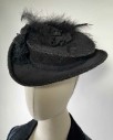 Women, 1890PeriodWestern, Hats, OS, Black, Silk, Feather, Brocade, Solid, MTO Revenna, Toque, Short Crown, Turned Up Brim, Brima And Crown Braided, Crocheted Lace Hat Band, Self Flower Detailing With Ostrich Feather And Silk Flower On Right Side, Red Satin Lining, Excellent