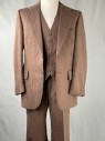 Mens, 1970s, 3 Piece Suit, 42, Reg, Brown, White, Wool, Pinstripe, Sears And Roebucx, Jacket, Two Button Wide Peak Lapel With Two Flap Pockets And One Welt Pocket At Left Chest, Tortoise Shell Buttons And Three Small Tortoise Buttons At Cuff, Brown Satin Lining, Excellent