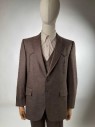 Mens, Modern Western, Mens' 3 Piece Suit, 40 Reg, Brown, Wool, Cotton, Heathered, Western Warehouse, 2 Button Standard Notch Lapel With 2 Flap Front Pockets With Western Yolk Drop Arrow Detailing. Vented In Back. 4 Button Detail On Cuff. Grey And Brown Marble Plastic Buttons, Excellent