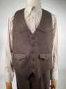 Mens, Modern Western, Mens' 3 Piece Suit, 40, Brown, Wool, Cotton, Heathered, Western Warehouse, 5 Button Matching Vest With Western Yolk, Brown Satin Back, 2 Flap Pockets In Front, Excellent