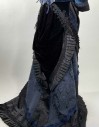 Womens, 1890PeriodWestern, Bustle, OS, Black, Navy, Periwinkle, Silver, Velvet, Polyester, Brocade, Solid, MTO Revenna, Floor Length, Tied At Waist With Grosgrain Ribbon, Double Layered, Velvet With Taffeta Ruffle, Crochet Lace, Lining Blue Brocade With Lace Applique All Around, Satin Bow Detail At Bottom Of Velvet