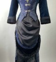 Women, 1890PeriodWestern, Apron, OS, Black, Navy, Periwinkle, Silver, Satin, Velvet, Solid, Lace, MTO Revenna, Contrasting Apron, Back Closure, Satin Front With Periwinkle Lace, Braided Lace, Velvet Ruffle, Antique Crochet Lace, Excellent